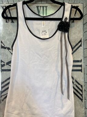White Tank Top with Black Flower and Ribbon Accent